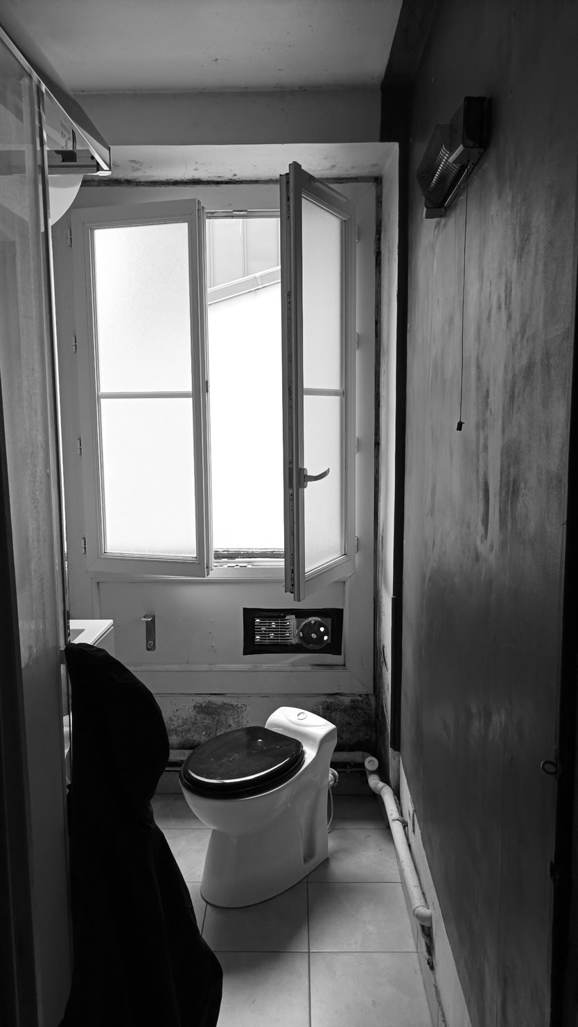 Salle de douche avant rénovation complète : équipements obsolètes et manque de luminosité.